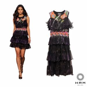 Black Ruffled Dress with Floral Accents